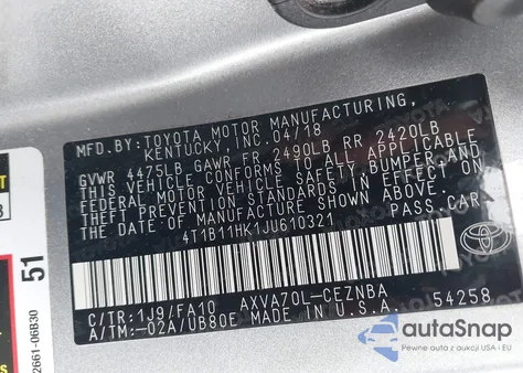 2018 Toyota Camry Le из США, поврежденный, VIN 4T1B11HK1JU610321